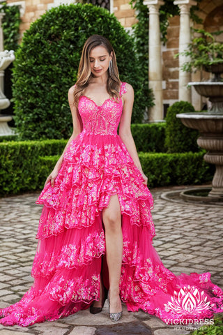 A Line Off the Shoulder Pink Sequins Tiered Prom Dress with Sit VK24122711