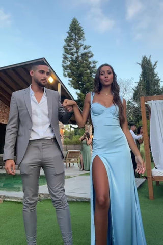 Cute Sheath Sweetheart Light Blue Satin Long Prom Dress with Slit VK020107