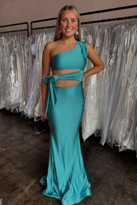 Charming Mermaid One Shoulder Peacock Satin Long Prom Dress with Slit VK25013104