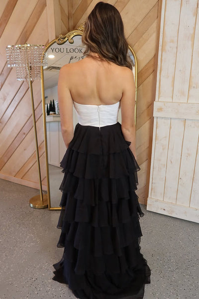 Fashion Sheath Strapless Keyhole White Black Chiffon Tiered Prom Dress VK13111604