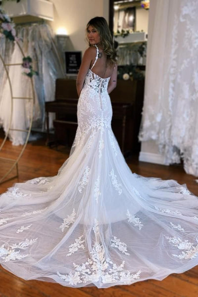 Elegant Mermaid V Neck Lace Long Wedding Dresses with Appliques VK24100908