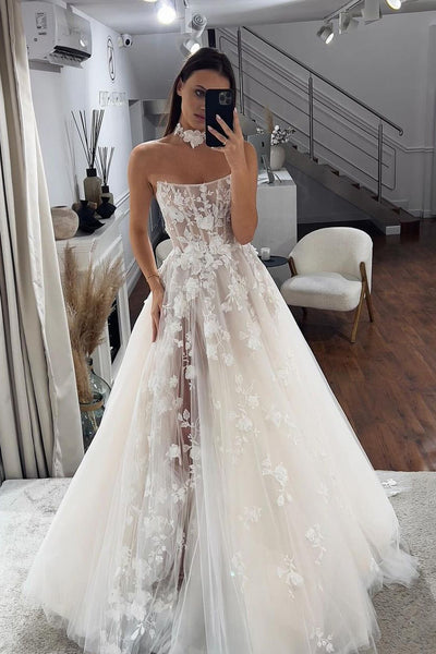 Fairy A Line Strapless Tulle Long Wedding Dresses with 3D Flowers VK24101503