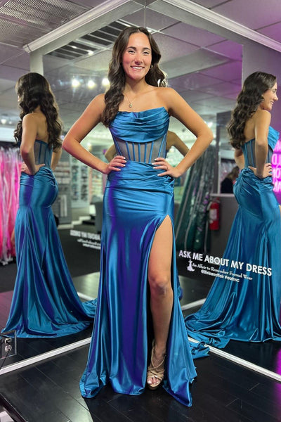 Cute Mermaid Cowl Neck Satin Slit Prom Dresses