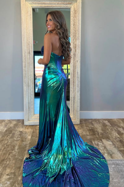 Charming Mermaid Sweetheart Magic Metallic Satin Slit Prom Dresses VK24121103