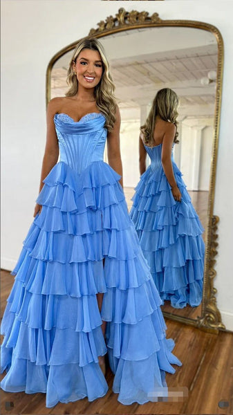 Cute A Line Sweetheart Light Blue Tiered Chiffon Prom Dress with Slit VK020202