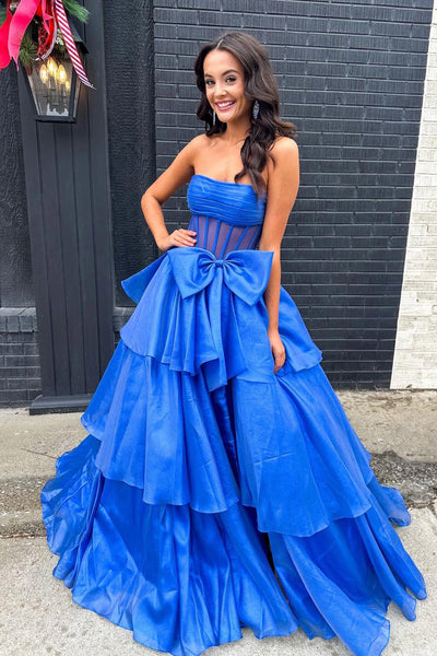 Ball Gown Strapless Royal Blue Organza Long Prom Dress with Bow VK25010202