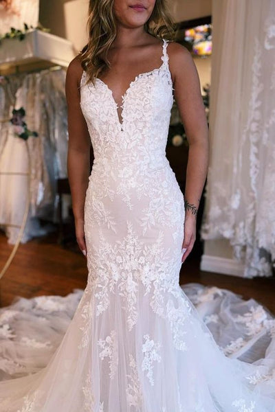 Elegant Mermaid V Neck Lace Long Wedding Dresses with Appliques VK24100908