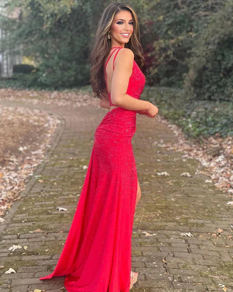 Sparkly Dark Red V Neck Sequins Long Prom Dress with Slit VK23101906