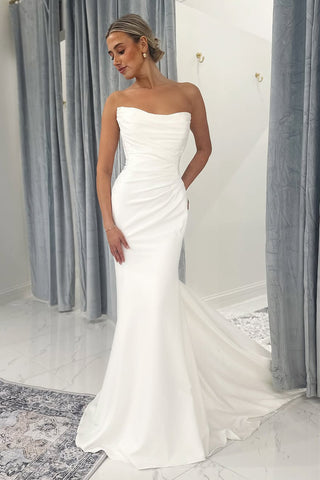 Mermaid Strapless White Satin Wedding Dresses with Lace Appliques VK022404