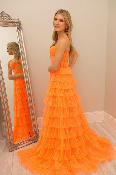 Elegant A-Line Sweetheart Ruffle Tiered Orange Long Prom Dresses VK24022202