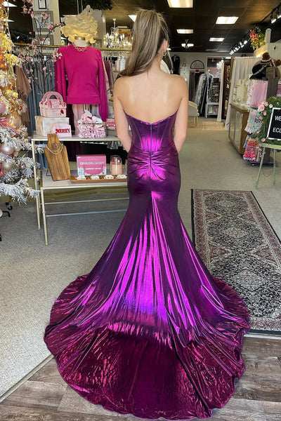 Cute Mermaid Sweetheart Purple Metallic Satin Prom Dress with Slit VK24120313