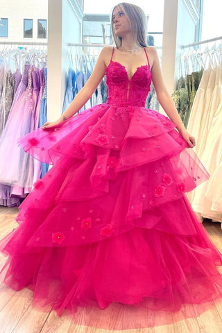 Hot Pink Sweetheart Tiered Tulle Long Prom Dresses with Appliques VK23123005