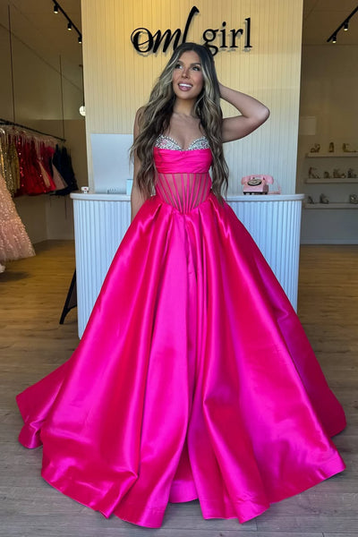 Gorgeous Ball Gown Sweetheart Fuchsia Satin Prom Dress with Beading VK25012007