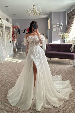 Gorgeous Off the Shoulder Organza Slit Wedding Dresses with Beading