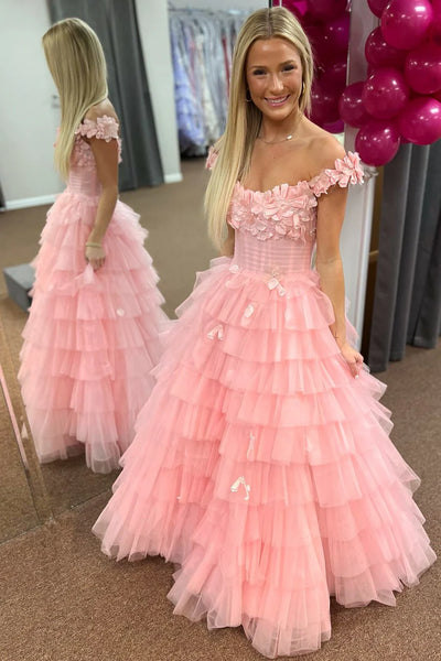 Cute A Line Off the Shoulder Tiered Tulle Long Prom Dresses with Appliques VK24101908