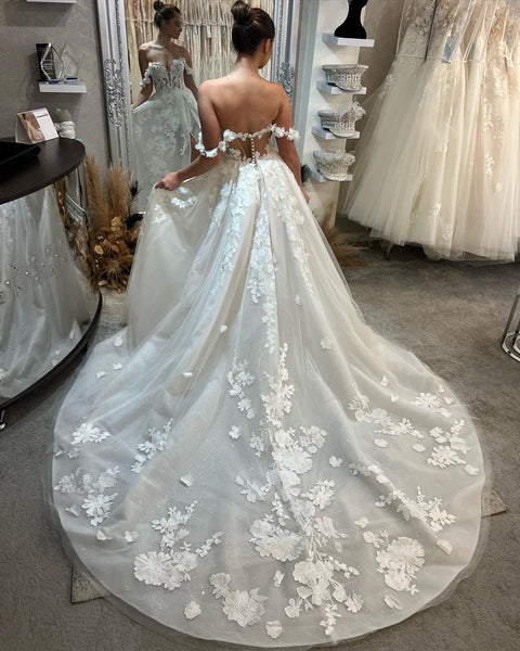 Cute A Line Off the Shoulder Tulle Long Wedding Dresses with Appliques VK23052606