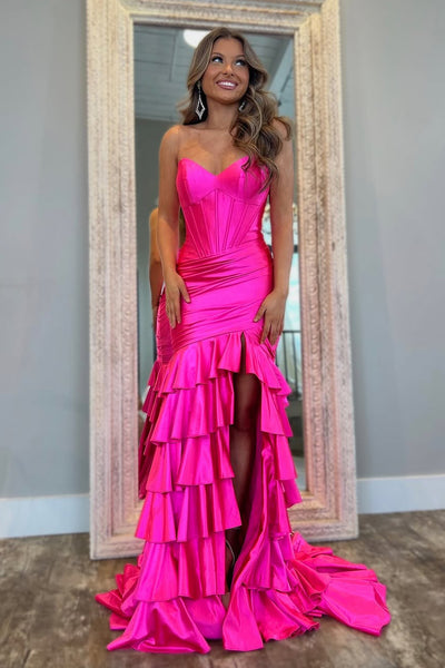 Charming Mermaid V Neck Pink Satin Tiered Prom Dress with Slit VK25013102