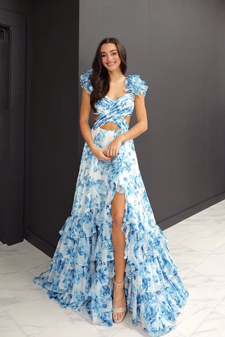 Charming A Line V Neck Floral Chiffon Long Prom Dress with Slit VK25012608