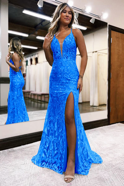 Mermaid V Neck Blue Sequins Lace Slit Prom Dresses VK112116