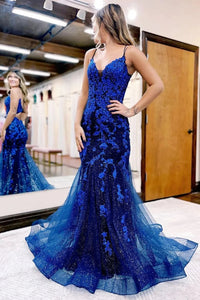 Mermaid Spaghetti Straps Dark Blue Long Prom Dress with Appliques VK23101609