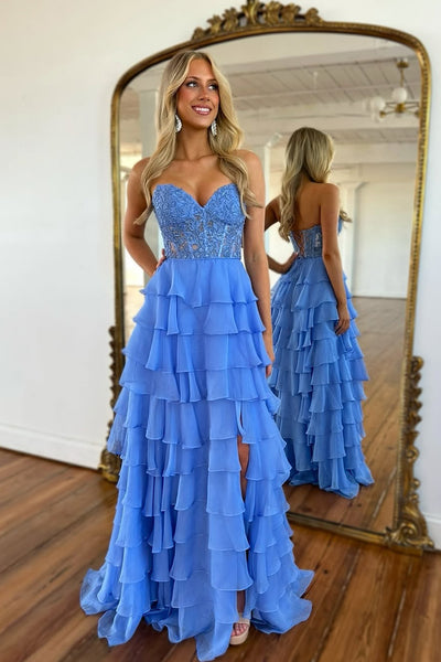 Cute A Line Sweetheart Tiered Chiffon Long Prom Dress with Slit VK25013107