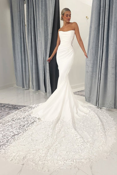 Mermaid Strapless White Satin Wedding Dresses with Lace Appliques VK022404