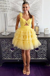 Cute A Line One Shoulder Yellow Short Homecoming Dresses with Flowers VK24082212