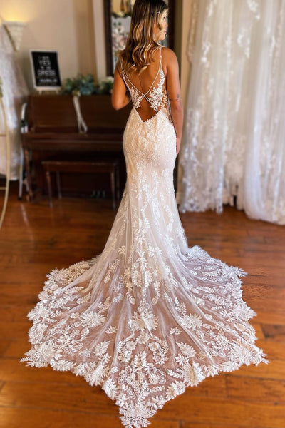 Gorgeous Mermaid V Neck Lace Long Wedding Dresses VK24100505