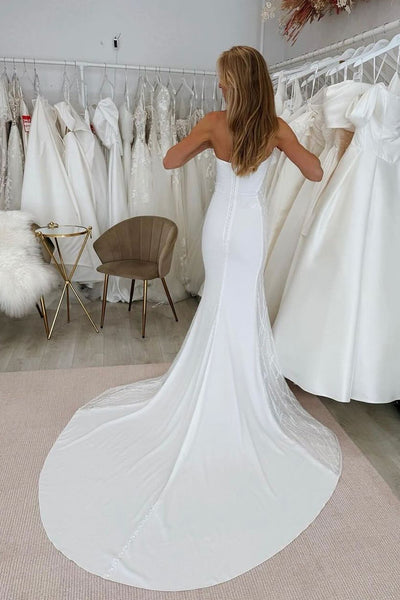 Elegant Simple Mermaid Scoop Neck Satin Long Wedding Dresses VK24102804