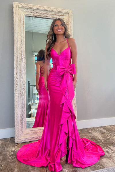 Chic Mermaid V Neck Pink Satin Slit Prom Dresses with Bow