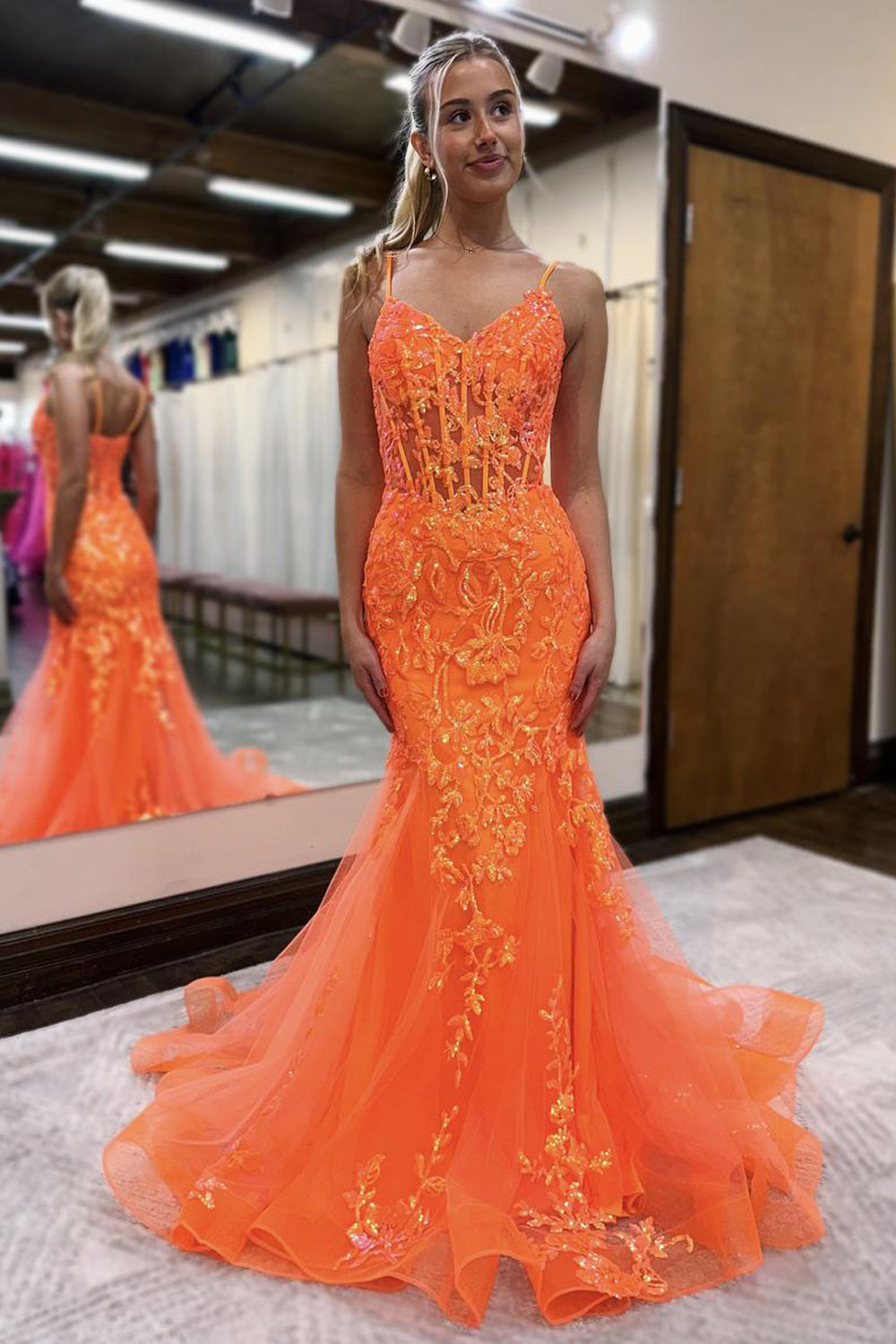 Cute Mermaid V Neck Straps Orange Sequins with Tulle Long Prom Dresses