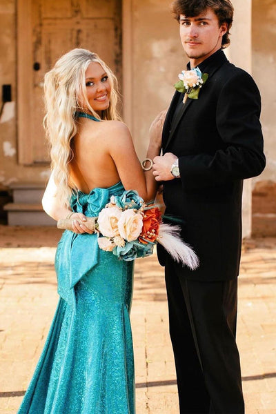 Blue Halter Sequins Mermaid Long Prom Dresses with Bow VK24033105