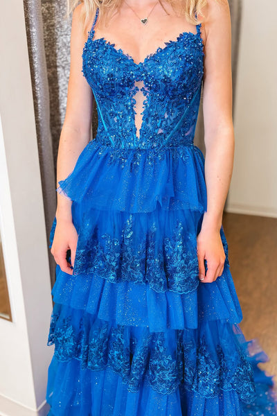 A-Line Sweetheart Royal Blue Ruffle Tiered Long Prom Dresses with Appliques VK022302