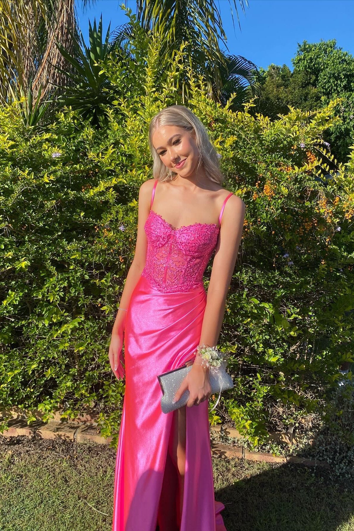 Charming Mermaid Sweetheart Pink Satin Prom Dress with Slit VK25012504