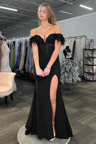 Charming Mermaid Off the Shoulder Black Lace Slit Prom Dress with Feather VK24121402