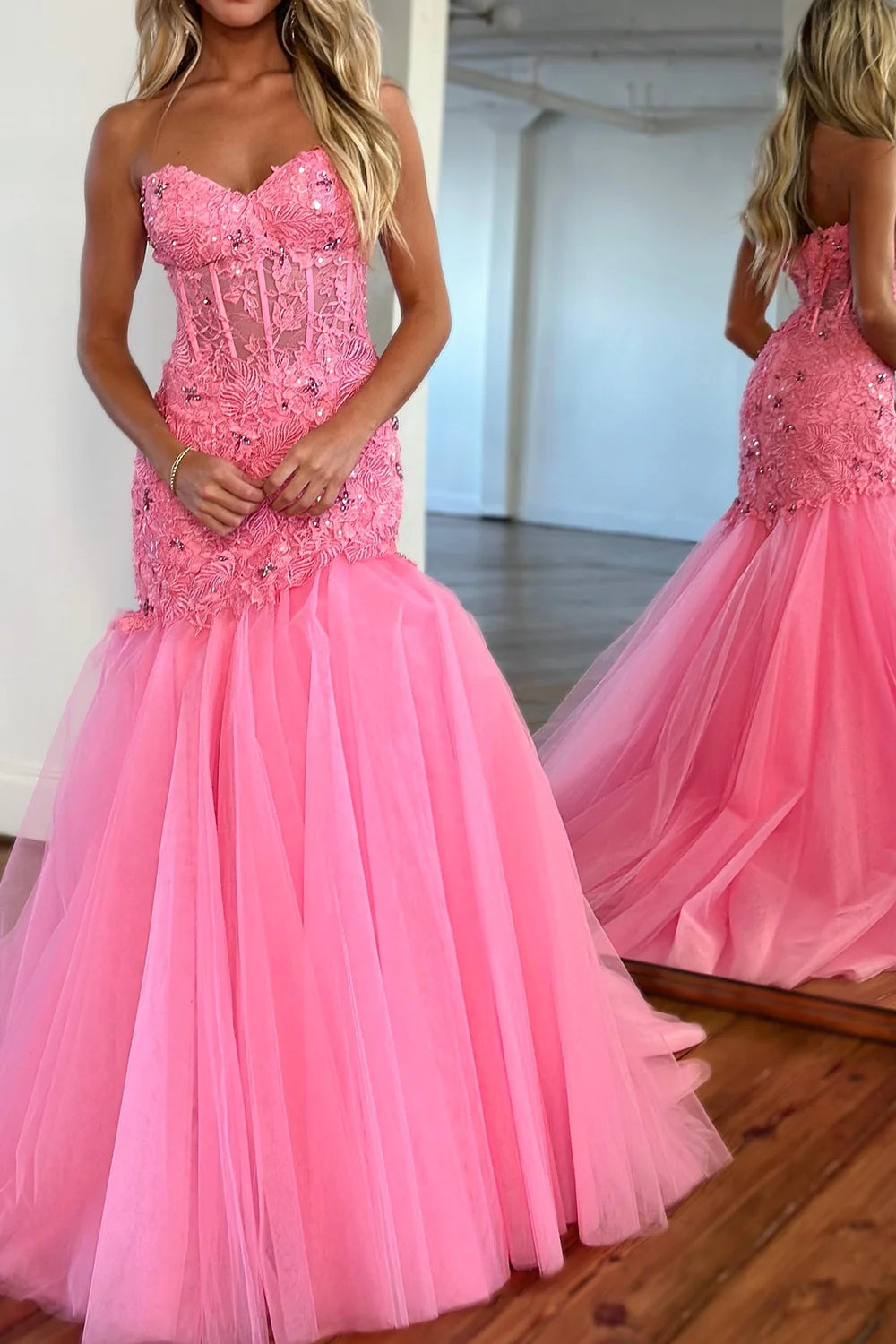 Glitter Pink Corset Sweetheart Tulle Mermaid Long Prom Dress