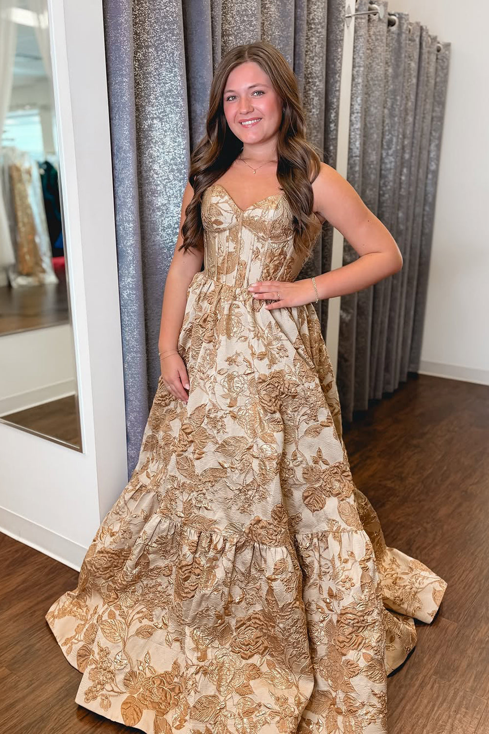 Ball Gown Strapless Gold Jacquard Satin Long Prom Dress VK25010203