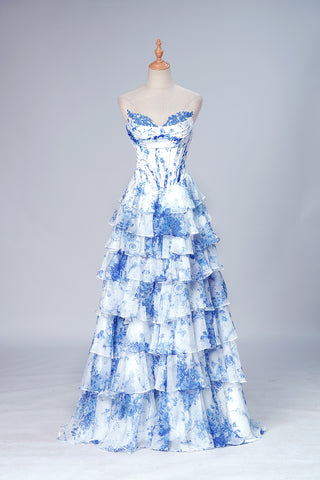 Sweet A Line Strapless Floral Blue Tiered Prom Dress with Slit VK020301