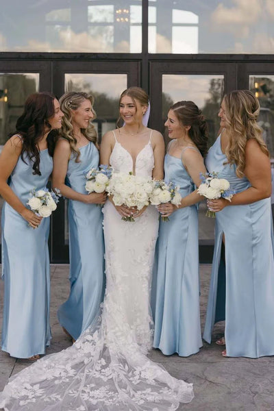 Simple Sheath Straps Light Blue Silk Satin Bridesmaid Dresses with Slit VK24112503