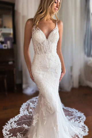 Romantic Mermaid V Neck Lace Long Wedding Dresses VK24102812