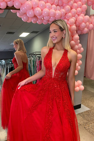 A-Line Halter Red Tulle Long Prom Dresses with Appliques VK021413