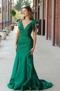 Cute Mermaid V Neck Green Satin Hot Stone Beading Long Prom Dresses VK24111402