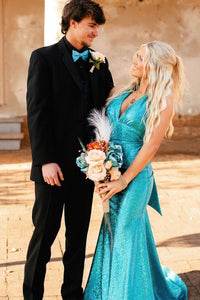 Blue Halter Sequins Mermaid Long Prom Dresses with Bow VK24033105