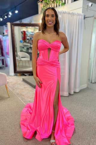 Cute Mermaid Sweetheart Pink Satin Slit Prom Dresses VK24112215