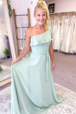 Chic A Line One Shoulder Mint Chiffon Long Bridesmaid Dresses VK24111202