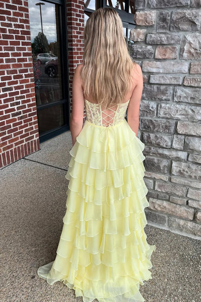 Cute A Line Sweetheart Daffodial Chiffon Tiered Prom Dresses with Beading VK24121101