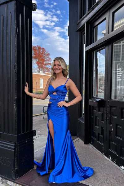 Cute Mermaid Sweetheart Royal Blue Satin Long Prom Dresses