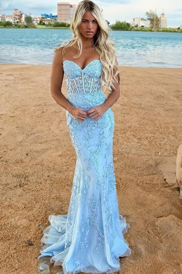 Cute Mermaid Sweetheart Light Blue Lace Long Prom Dress with Appliques VK020201