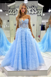 Light Blue Strapless Ruffle Tiered Tulle Long Prom Dresses with Appliques VK23123107