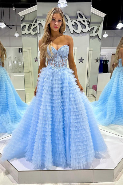 Light Blue Strapless Ruffle Tiered Tulle Long Prom Dresses with Appliques VK23123107